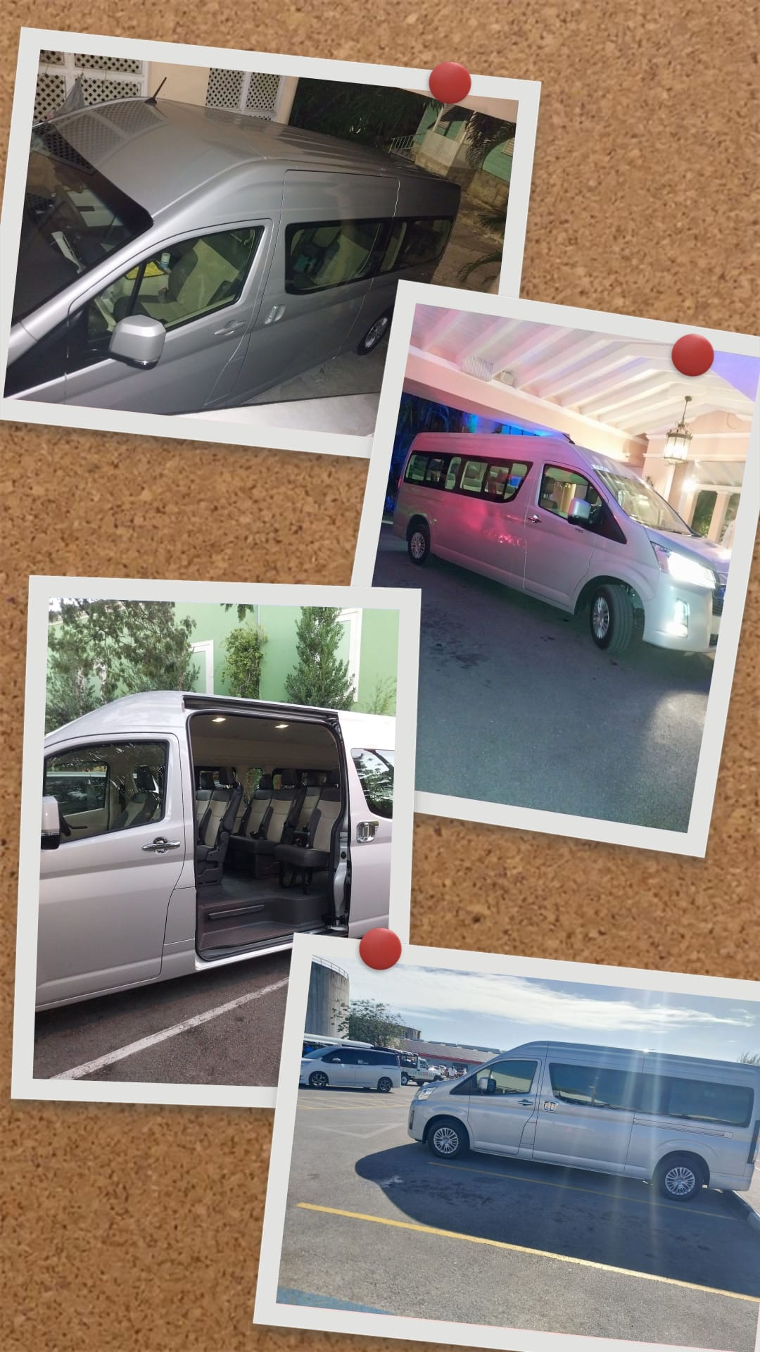 Interior and exterior views of the On The House Taxi Service luxury van in Barbados showing 13 reclining passenger seats