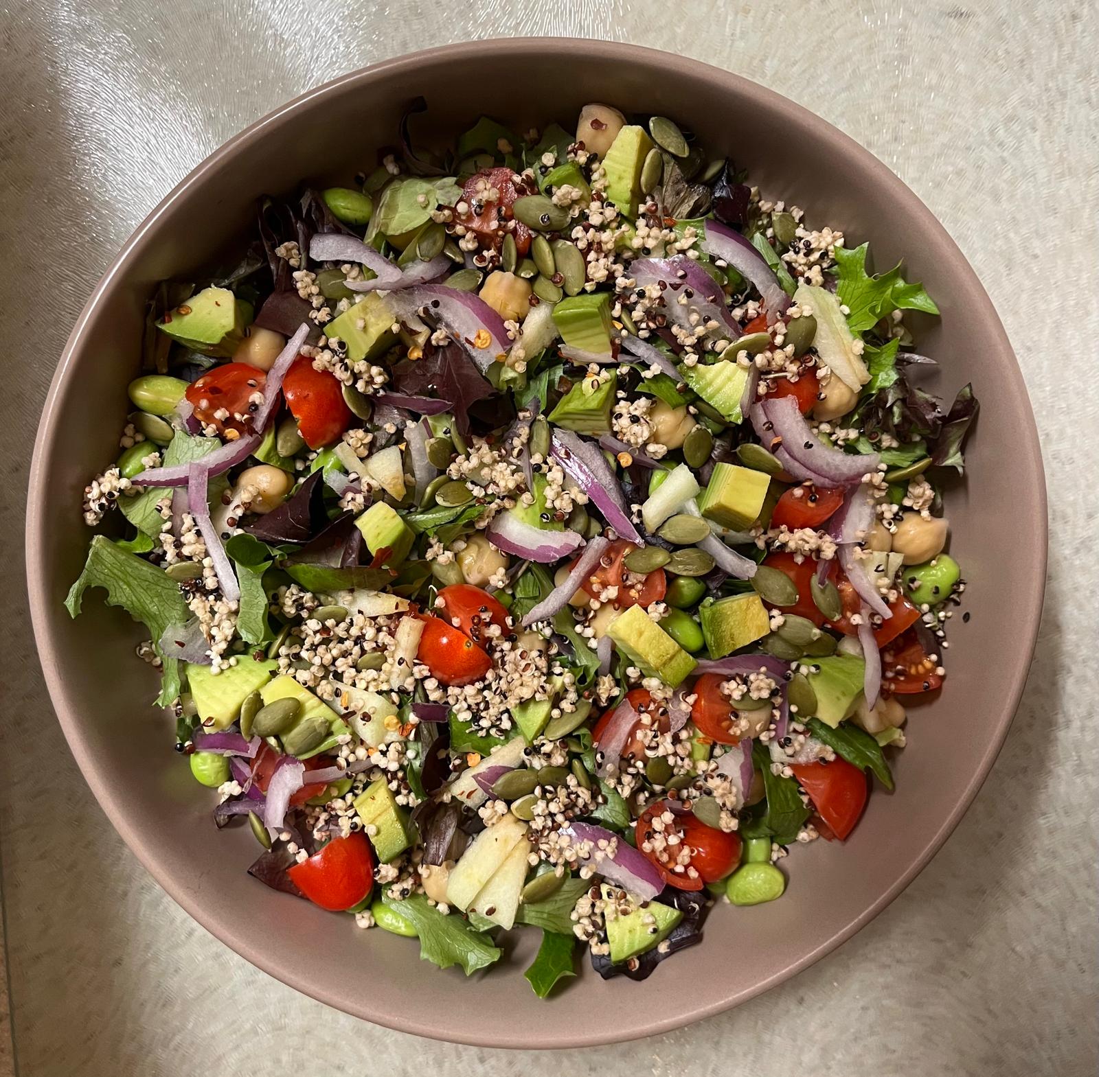 Fresh island salad with avocado, chickpeas and quinoa served at a lunch stop on a Barbados sightseeing tour
