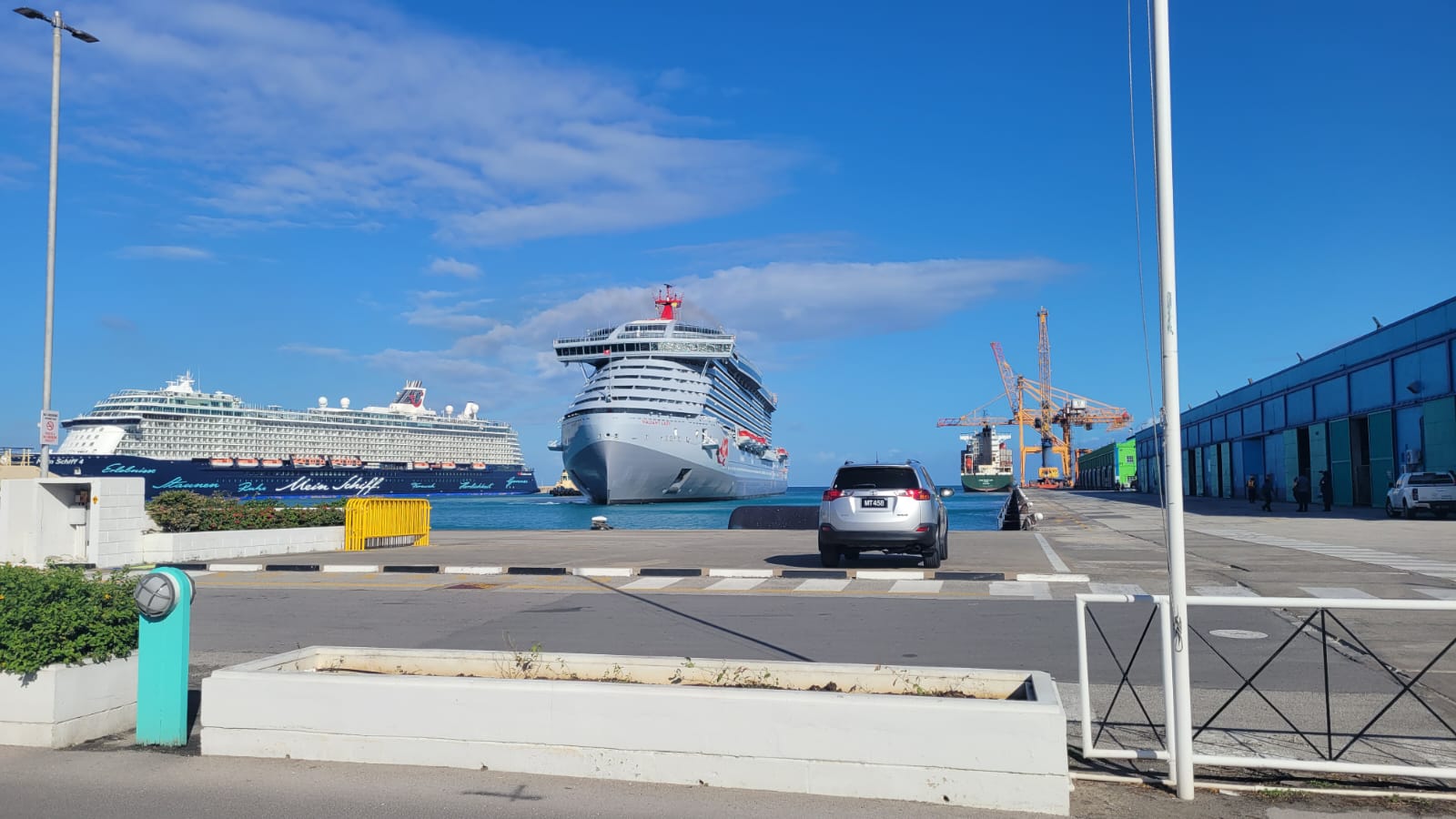 Cruise ship docked at the Bridgetown cruise port terminal in Barbados waiting for On The House Taxi Service port transfers