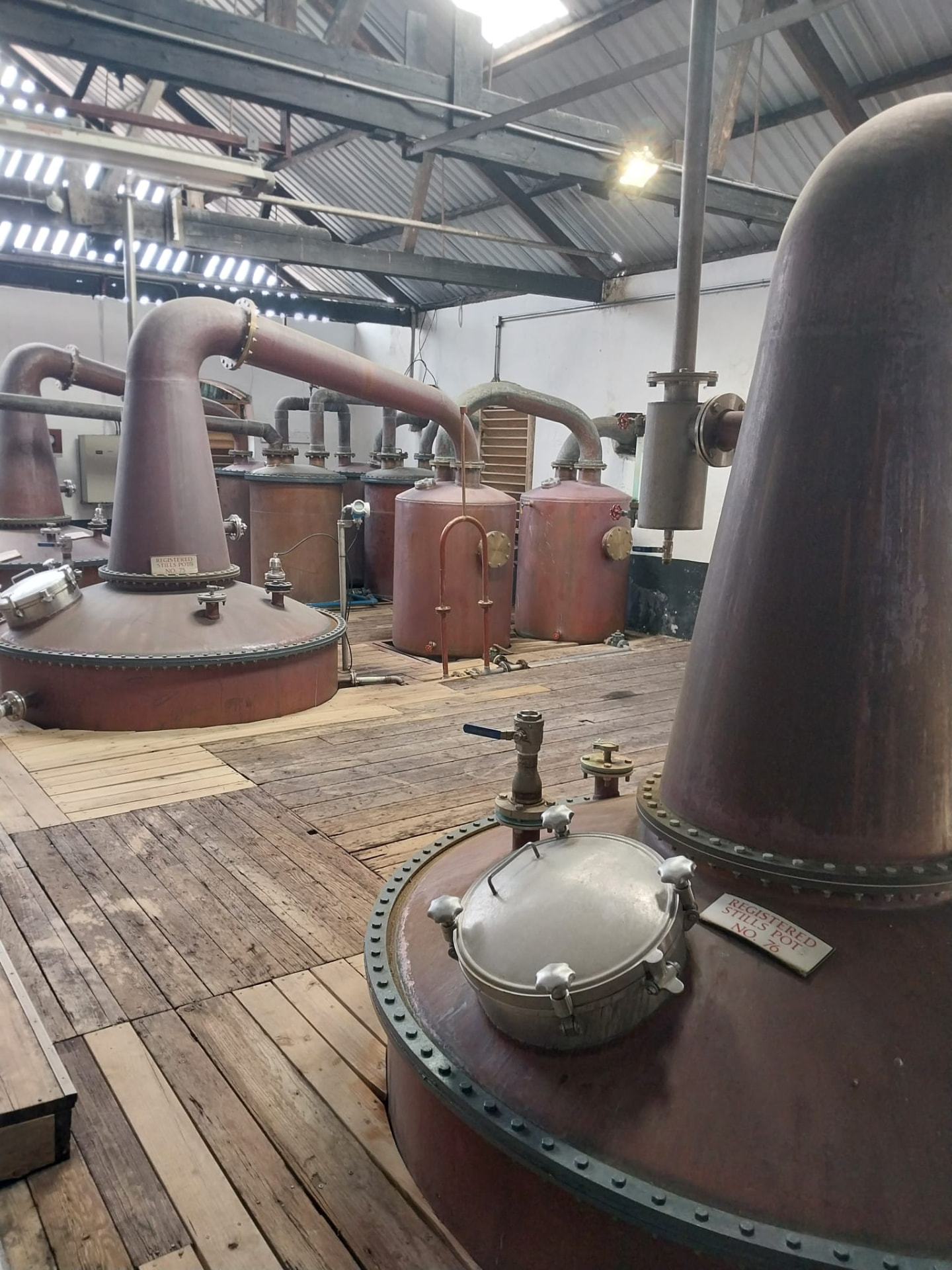 Distillation equipment and copper stills at the Mount Gay rum distillery in Barbados