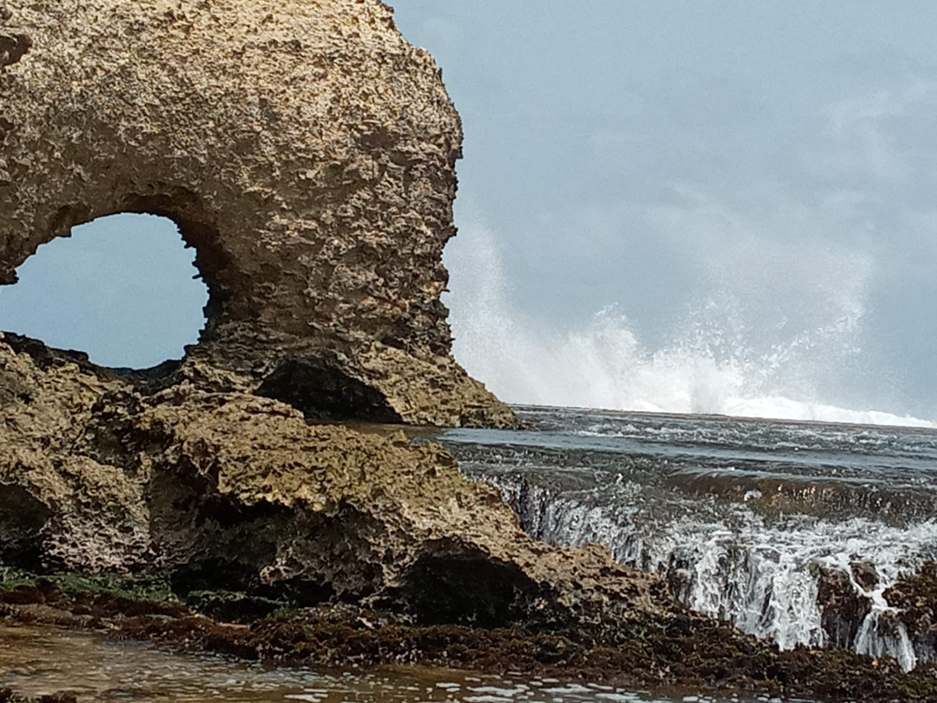 Natural rock arch on the Barbados east coast with Atlantic waves flowing through